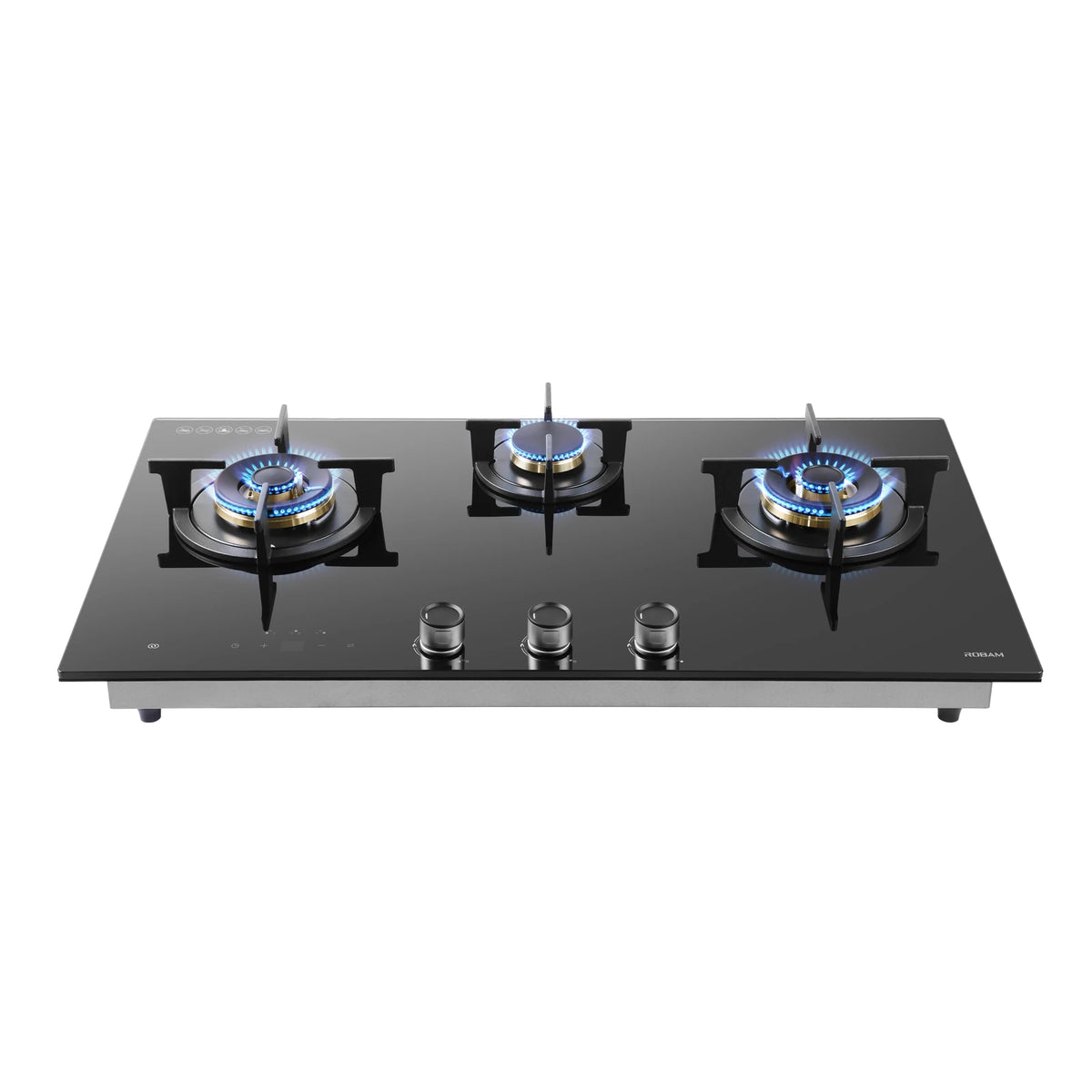 ROBAM 9B7H31F black glass gas cooktop, front view with blue flames on three burners and stainless steel base