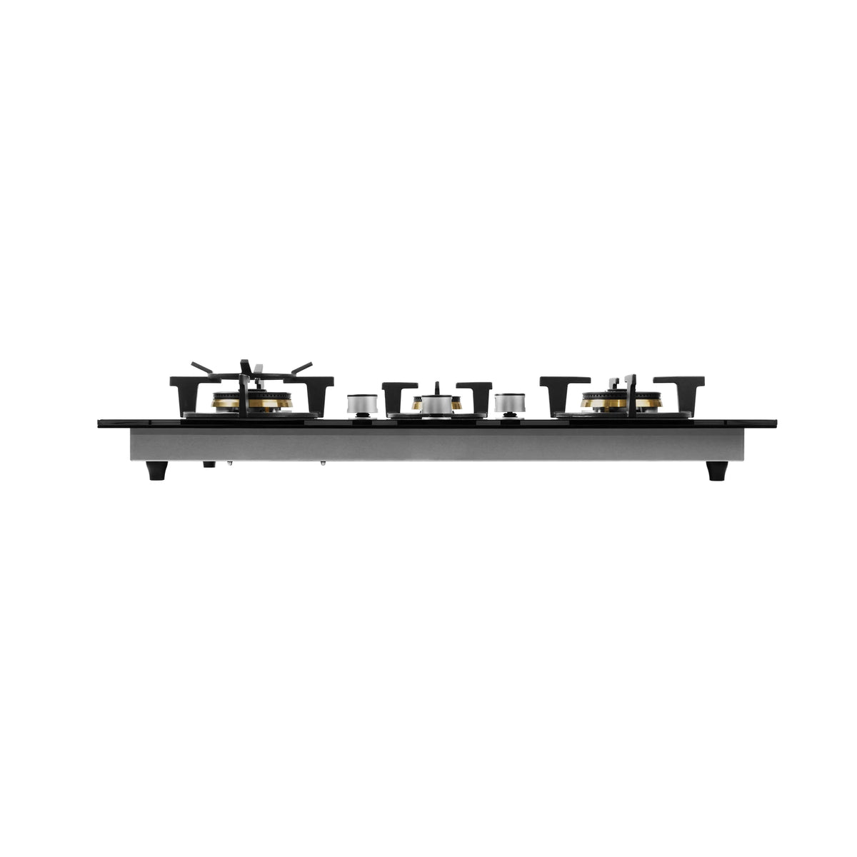 Side view of ROBAM 9B7H31F gas cooktop showing glass top, pan supports, stainless steel body and feet