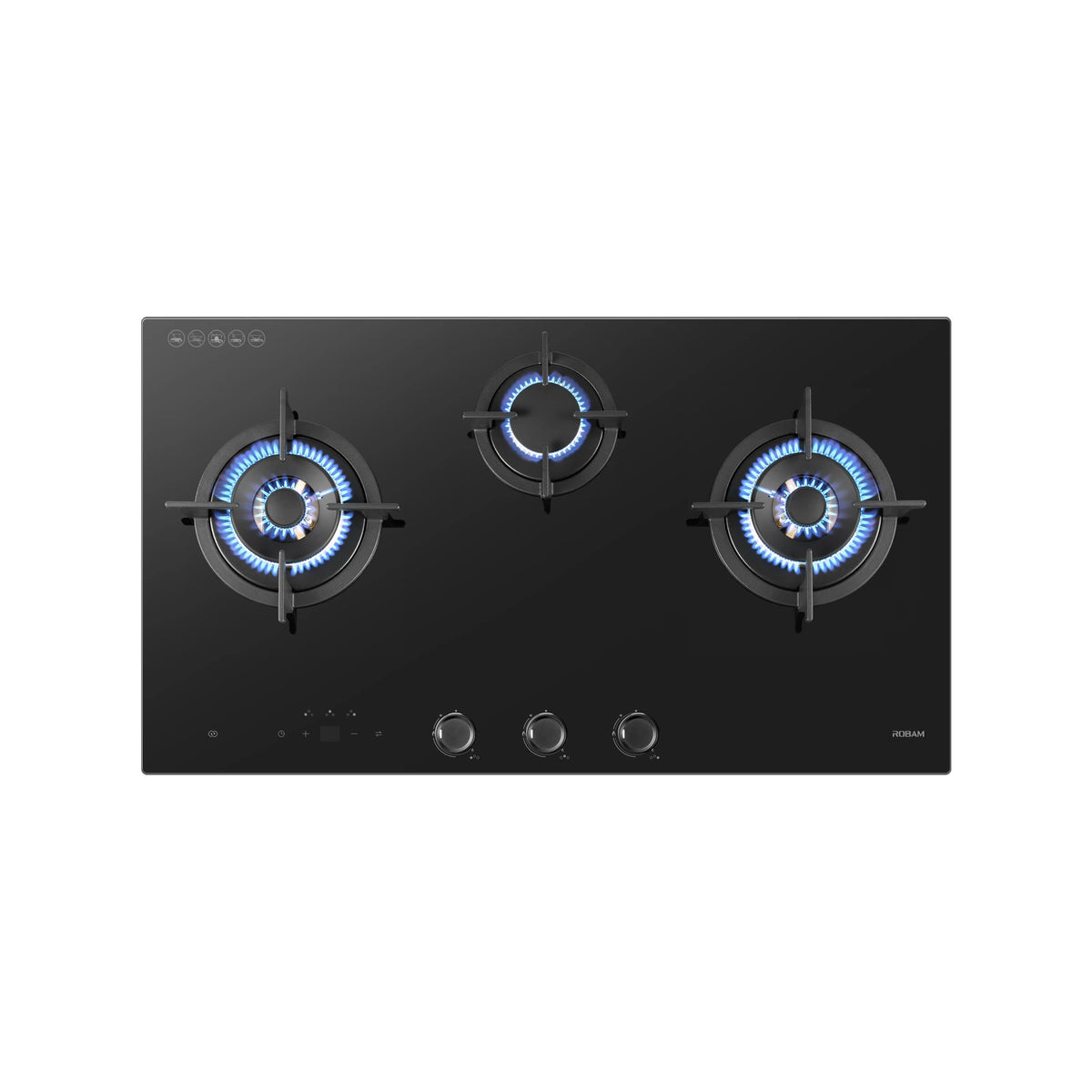 Top view of ROBAM 9B7H31F black glass gas cooktop with all three burners lit with blue flames