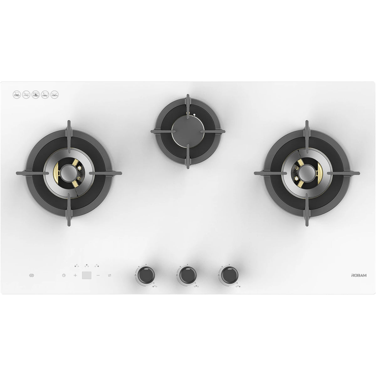 ROBAM 9B7H31W white glass 3 burner gas cooktop with cast iron pan supports and brass burners, top view