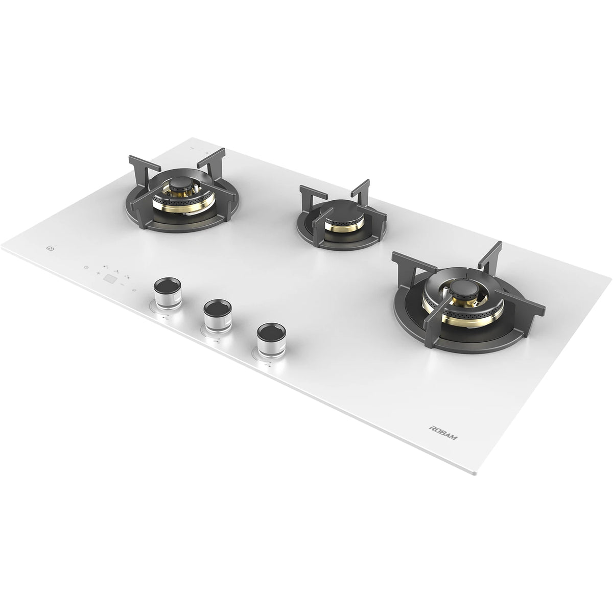 ROBAM 9B7H31W white glass gas cooktop, angled view showing brass burners, pan supports and control knobs