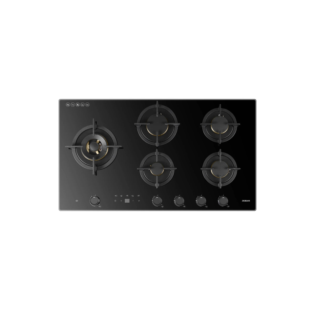 ROBAM 9B7H50 black glass 5 burner gas cooktop with cast iron pan supports and brass burners, top view