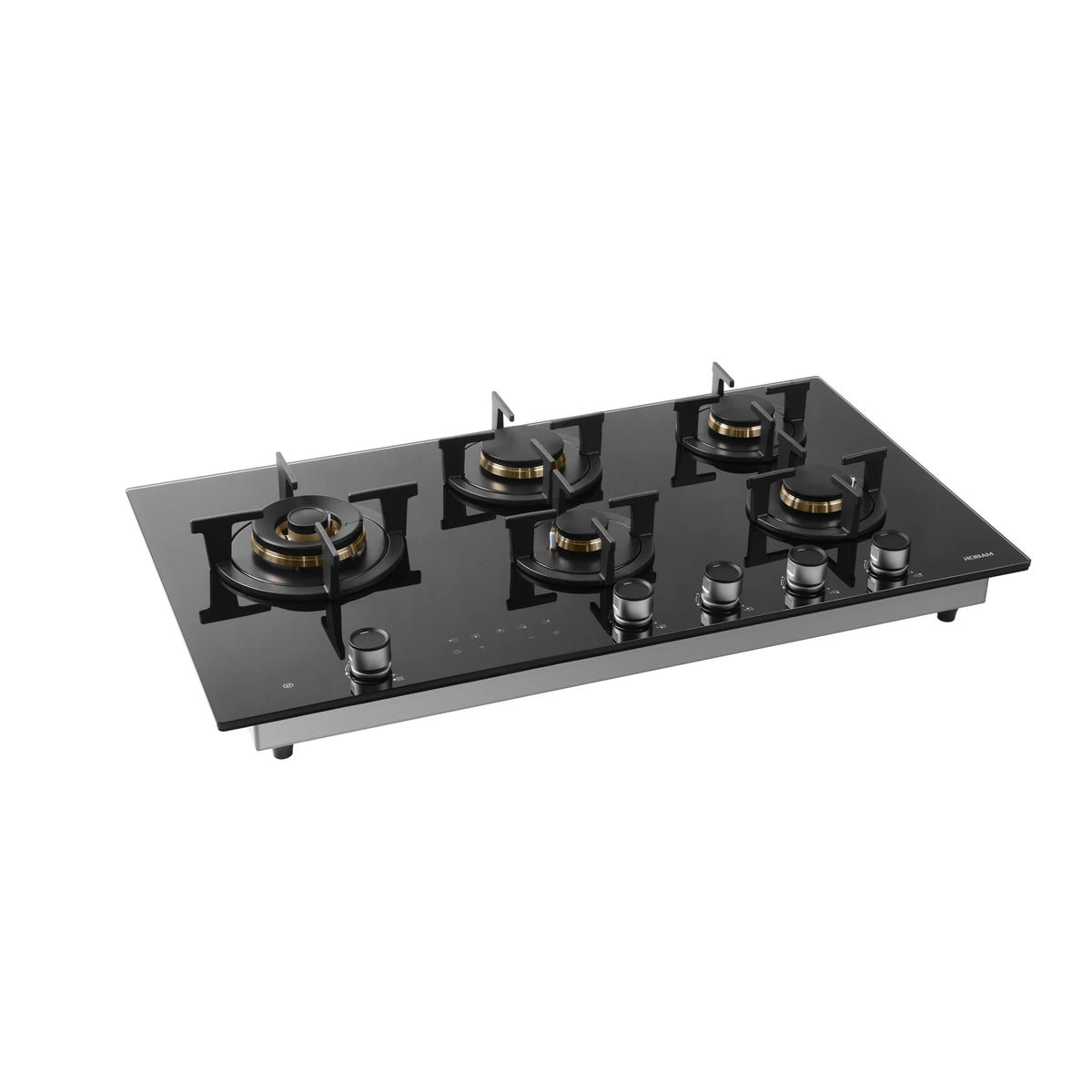 ROBAM 9B7H50 black glass 5 burner gas cooktop, angled view showing stainless steel base and control knobs