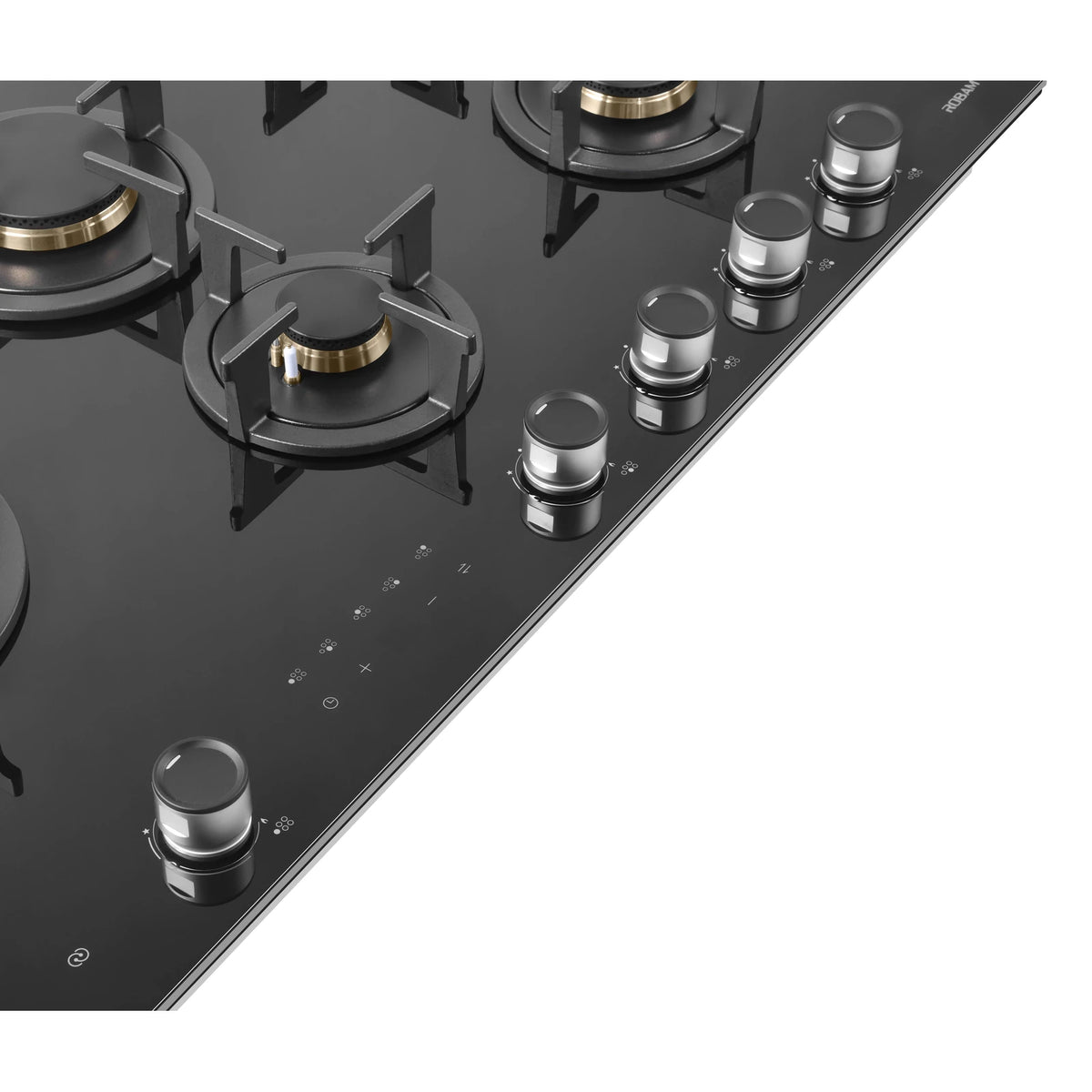 Close-up of the control knobs and touch control panel on the ROBAM 9B7H50 black glass gas cooktop