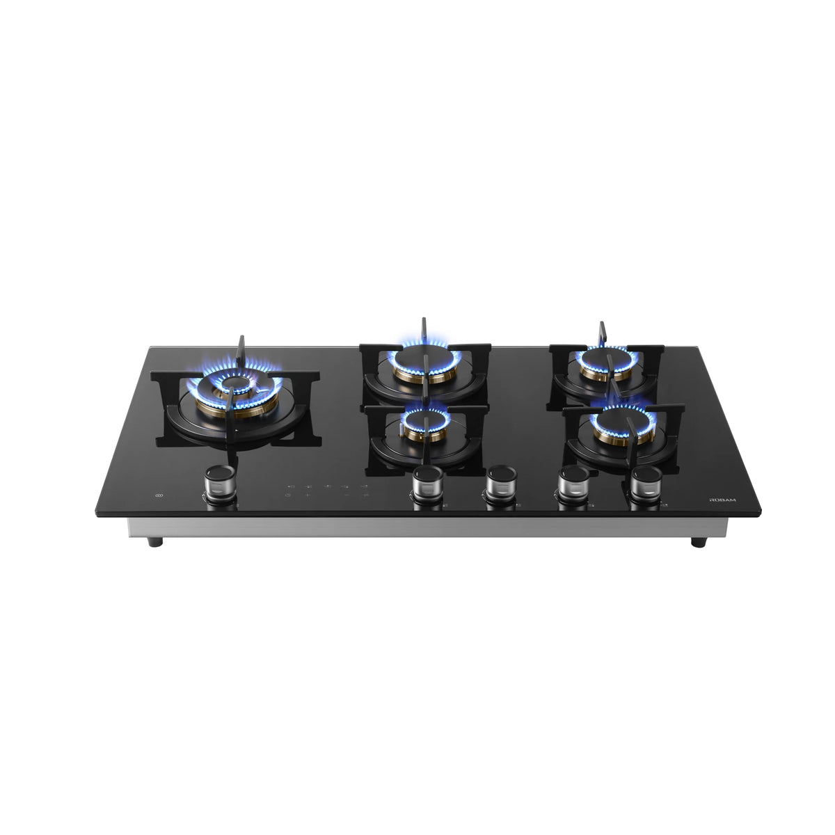 ROBAM 9B7H50 black glass gas cooktop, front view with blue flames on five burners and stainless steel base