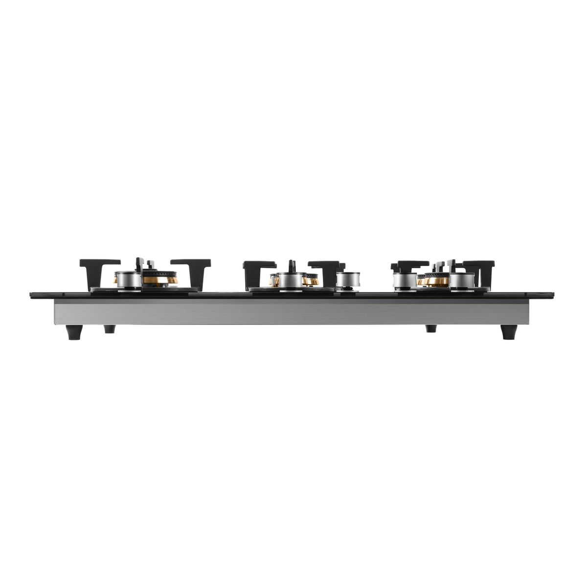 Side view of ROBAM 9B7H50 gas cooktop showing glass top, cast iron pan supports, stainless steel body and feet
