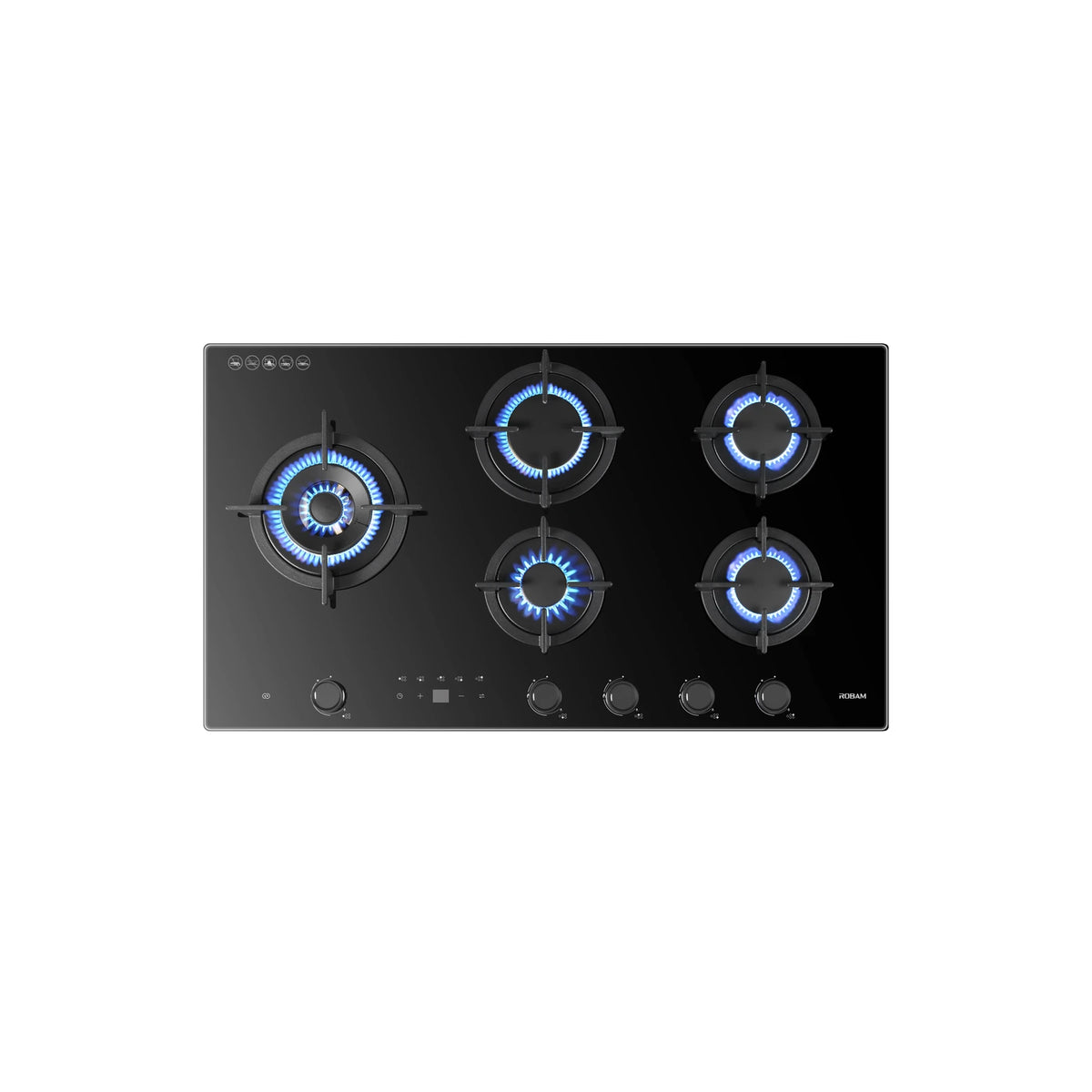 Top view of ROBAM 9B7H50 gas cooktop with all five burners lit with blue flames