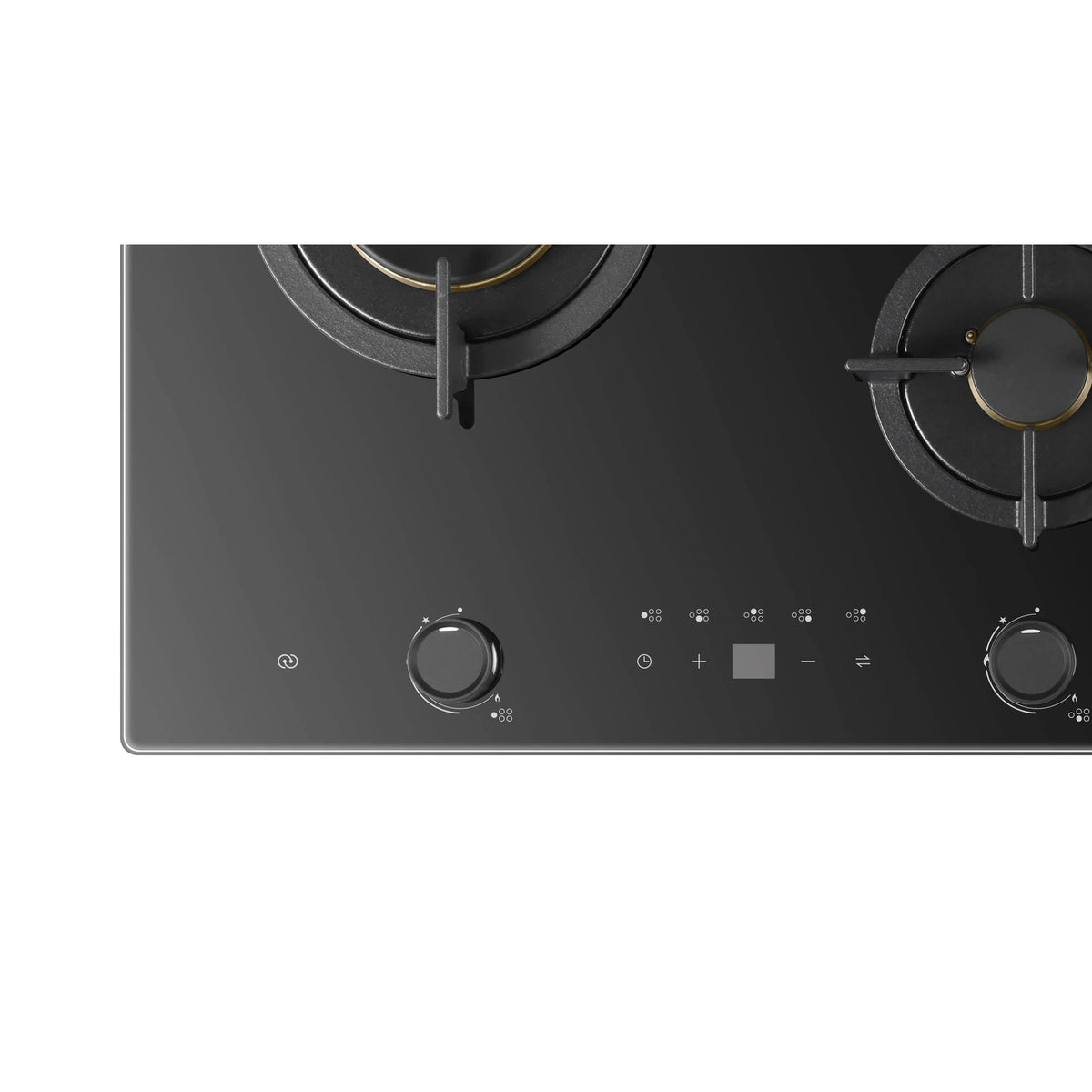 Top view detail of the touch control panel with timer and plus minus buttons and control knobs on the ROBAM 9B7H50 gas cooktop