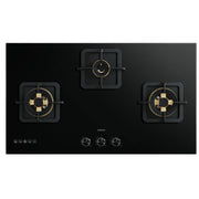 ROBAM BlackGold Gas B320 black glass 3 burner gas cooktop with square cast iron pan supports and brass burners, top view