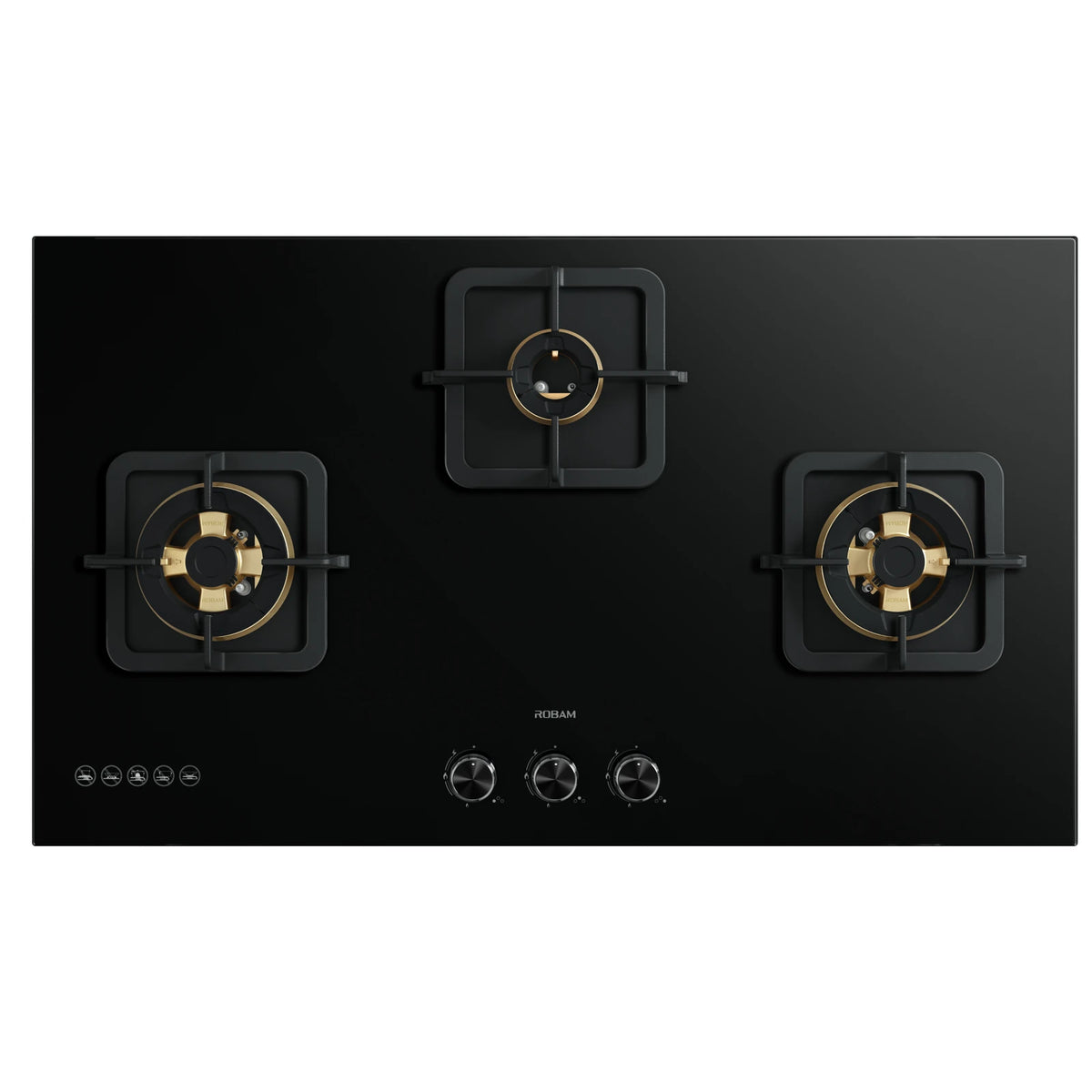 ROBAM BlackGold Gas B320 black glass 3 burner gas cooktop with square cast iron pan supports and brass burners, top view