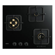 ROBAM BlackGold Gas B322 black glass 3 burner gas cooktop with square cast iron pan supports and brass burners, top view