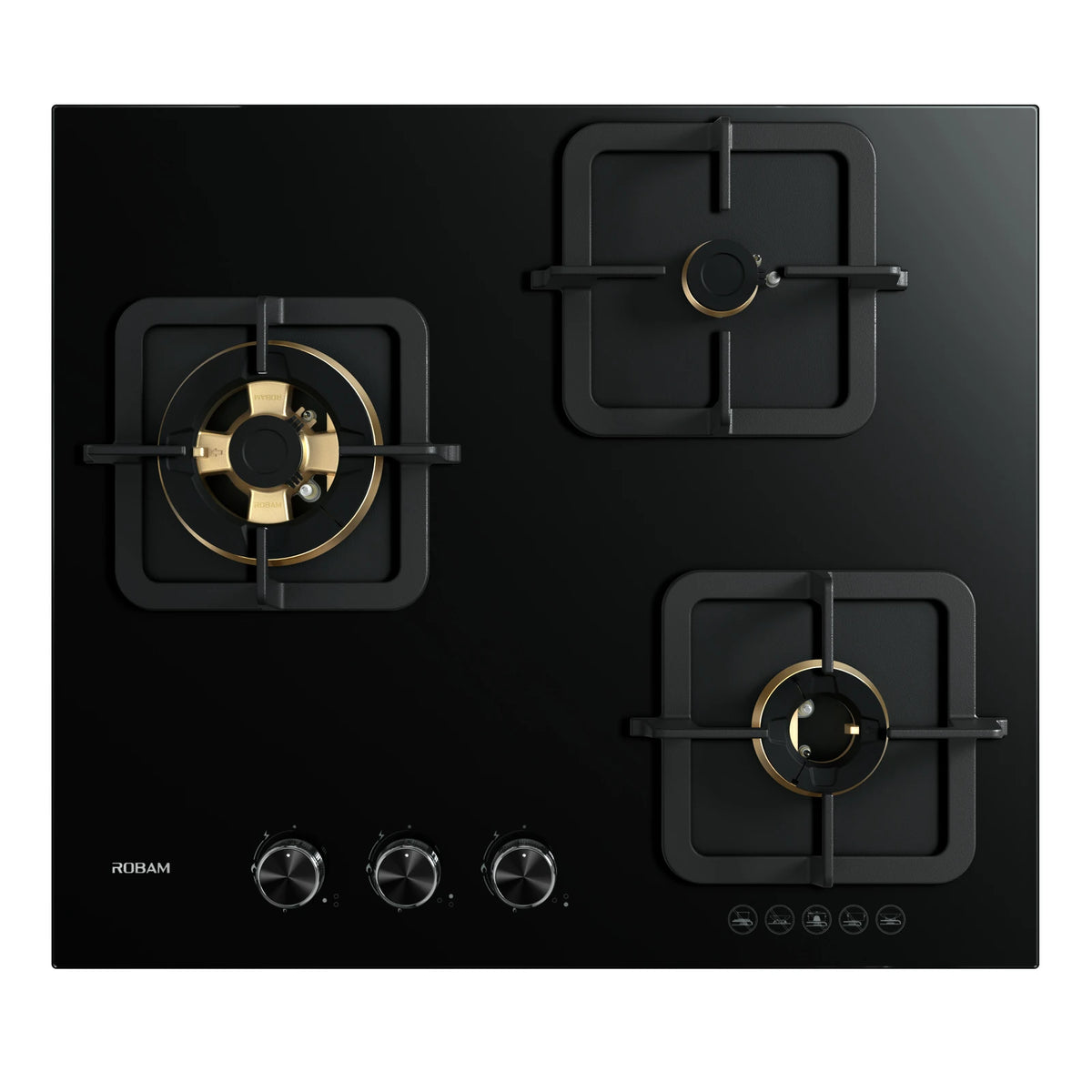 ROBAM BlackGold Gas B322 black glass 3 burner gas cooktop with square cast iron pan supports and brass burners, top view
