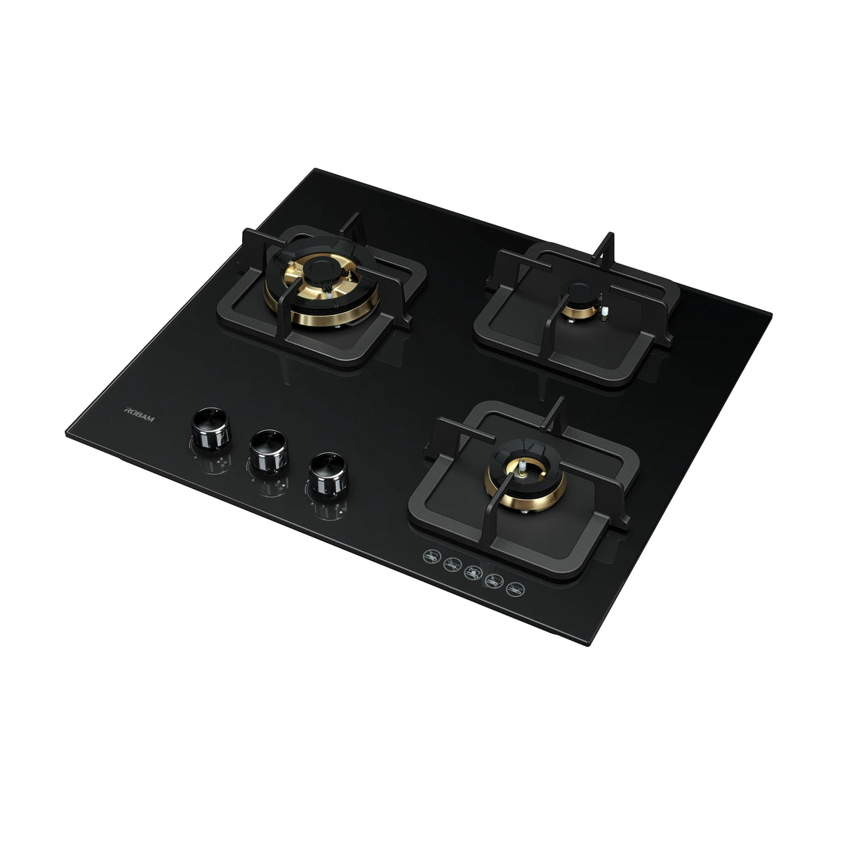 ROBAM BlackGold Gas B322 black glass gas cooktop, angled view showing brass burners, square pan supports and knurled control knobs