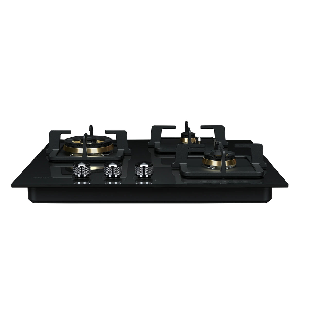 ROBAM BlackGold Gas B322 black glass gas cooktop, front view showing brass burners and knurled metal control knobs
