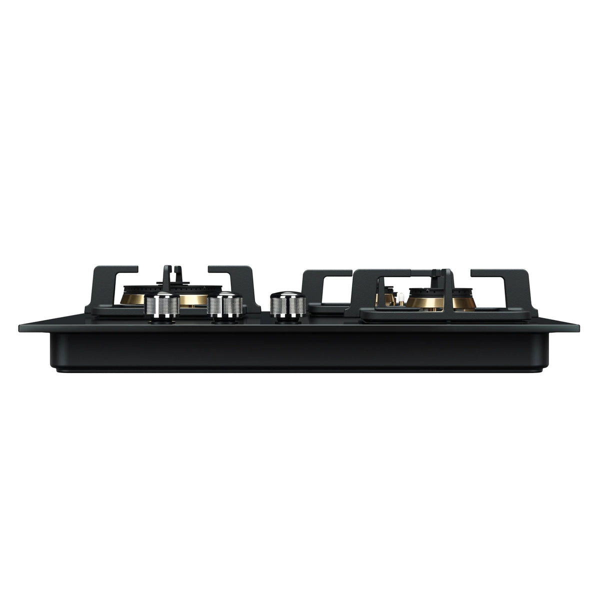 Side view of ROBAM BlackGold Gas B322 gas cooktop showing glass top, pan supports, knurled control knobs and black body