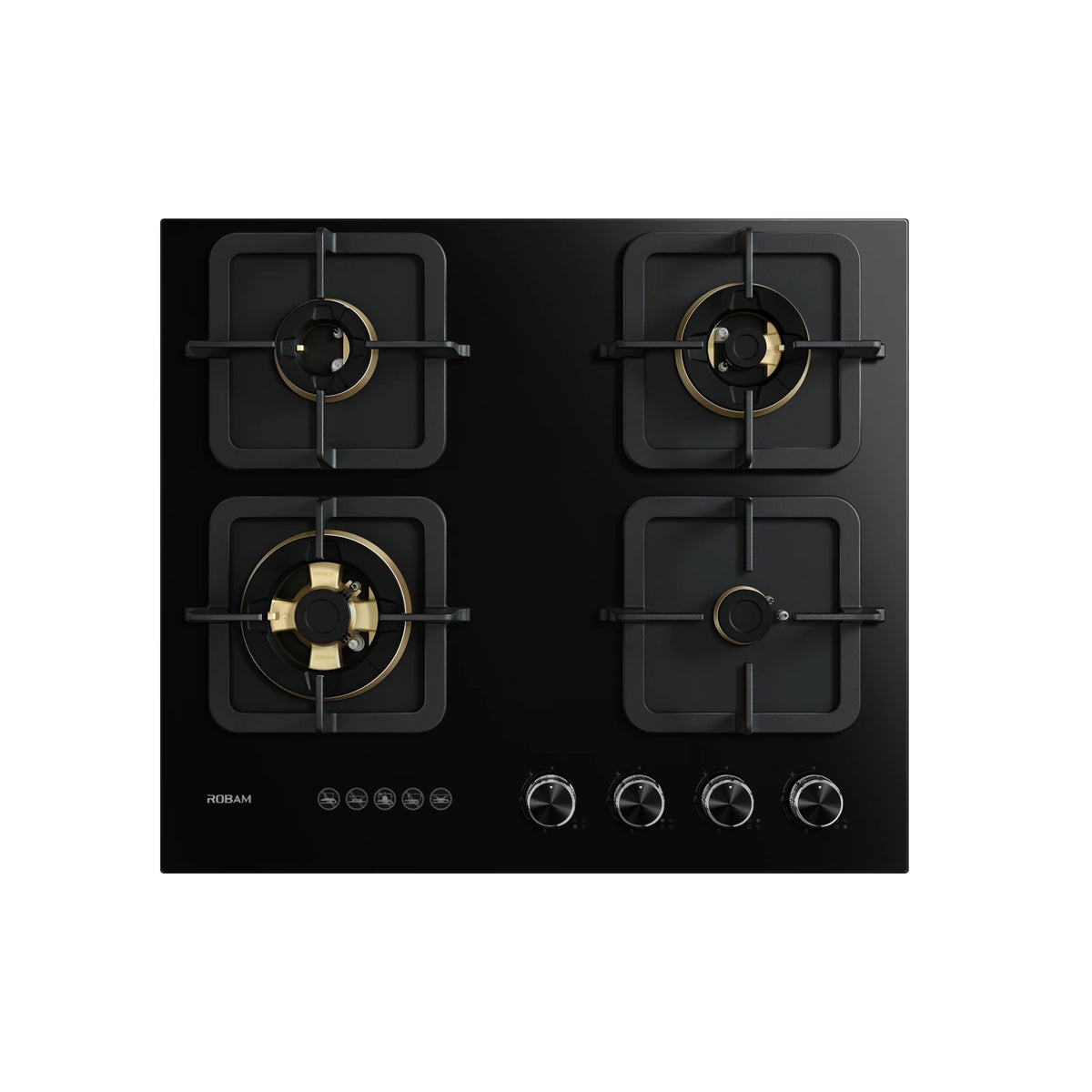 ROBAM BlackGold Gas B420 black glass 4 burner gas cooktop with square cast iron pan supports and brass burners, top view