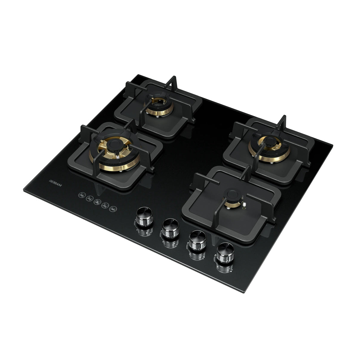 ROBAM BlackGold Gas B420 black glass 4 burner gas cooktop, angled view showing brass burners, square pan supports and knurled control knobs