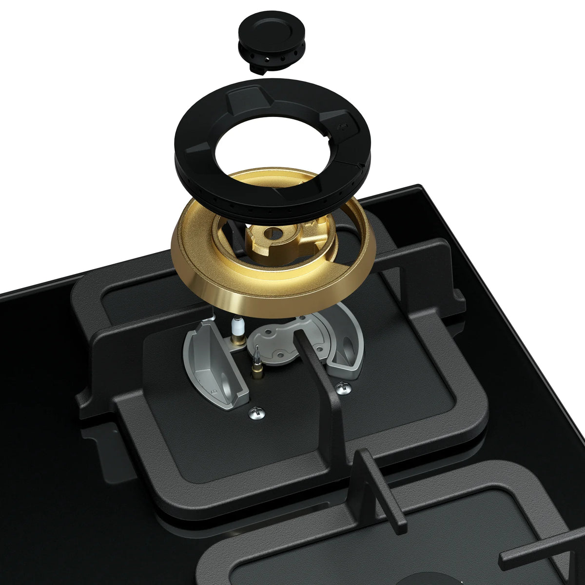 Exploded view of the ROBAM BlackGold Gas B420 burner showing brass burner base, burner ring and cap
