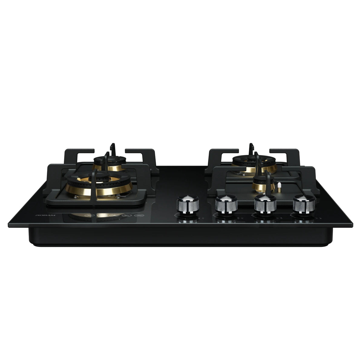 ROBAM BlackGold Gas B420 black glass gas cooktop, front view showing four brass burners and knurled metal control knobs