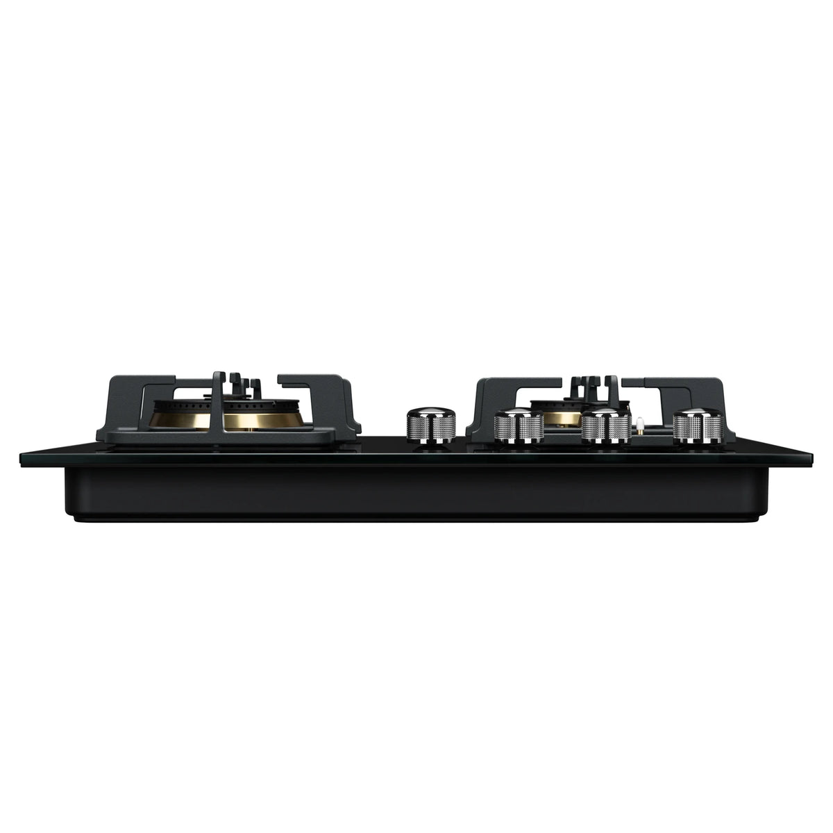 Side view of ROBAM BlackGold Gas B420 gas cooktop showing glass top, pan supports, knurled control knobs and black body