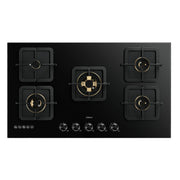 ROBAM BlackGold Gas B520 black glass 5 burner gas cooktop with square cast iron pan supports and brass burners, top view