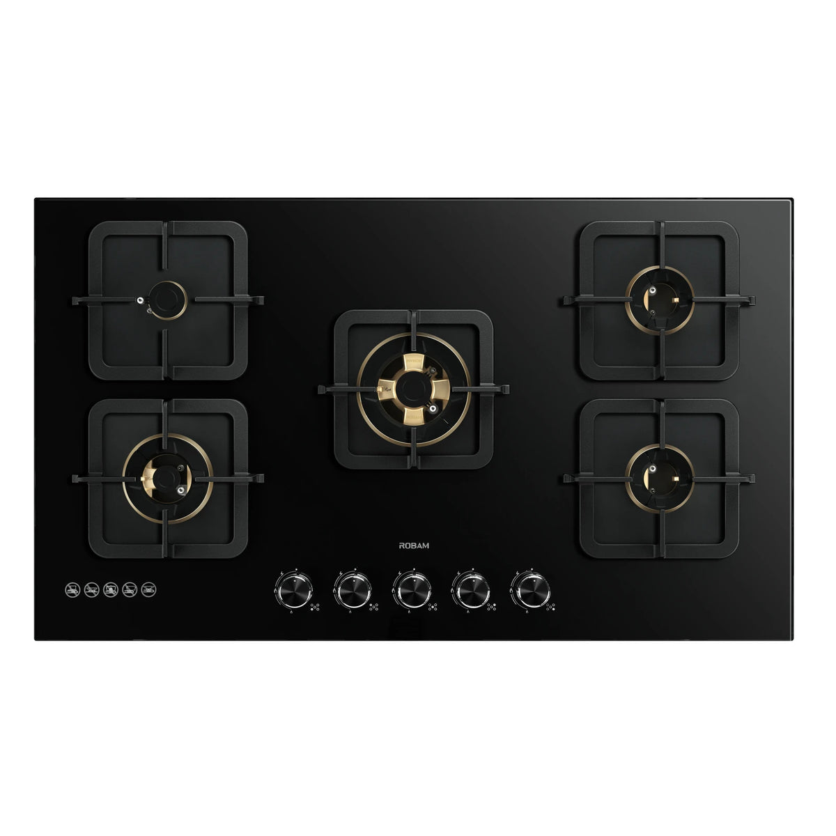 ROBAM BlackGold Gas B520 black glass 5 burner gas cooktop with square cast iron pan supports and brass burners, top view