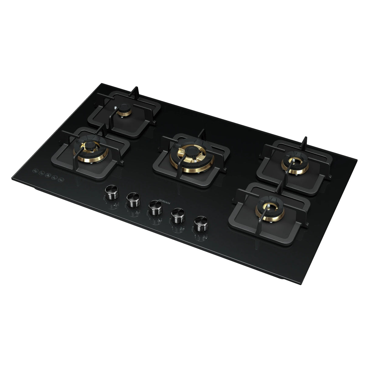 ROBAM BlackGold Gas B520 black glass 5 burner gas cooktop, angled view showing brass burners, square pan supports and knurled control knobs