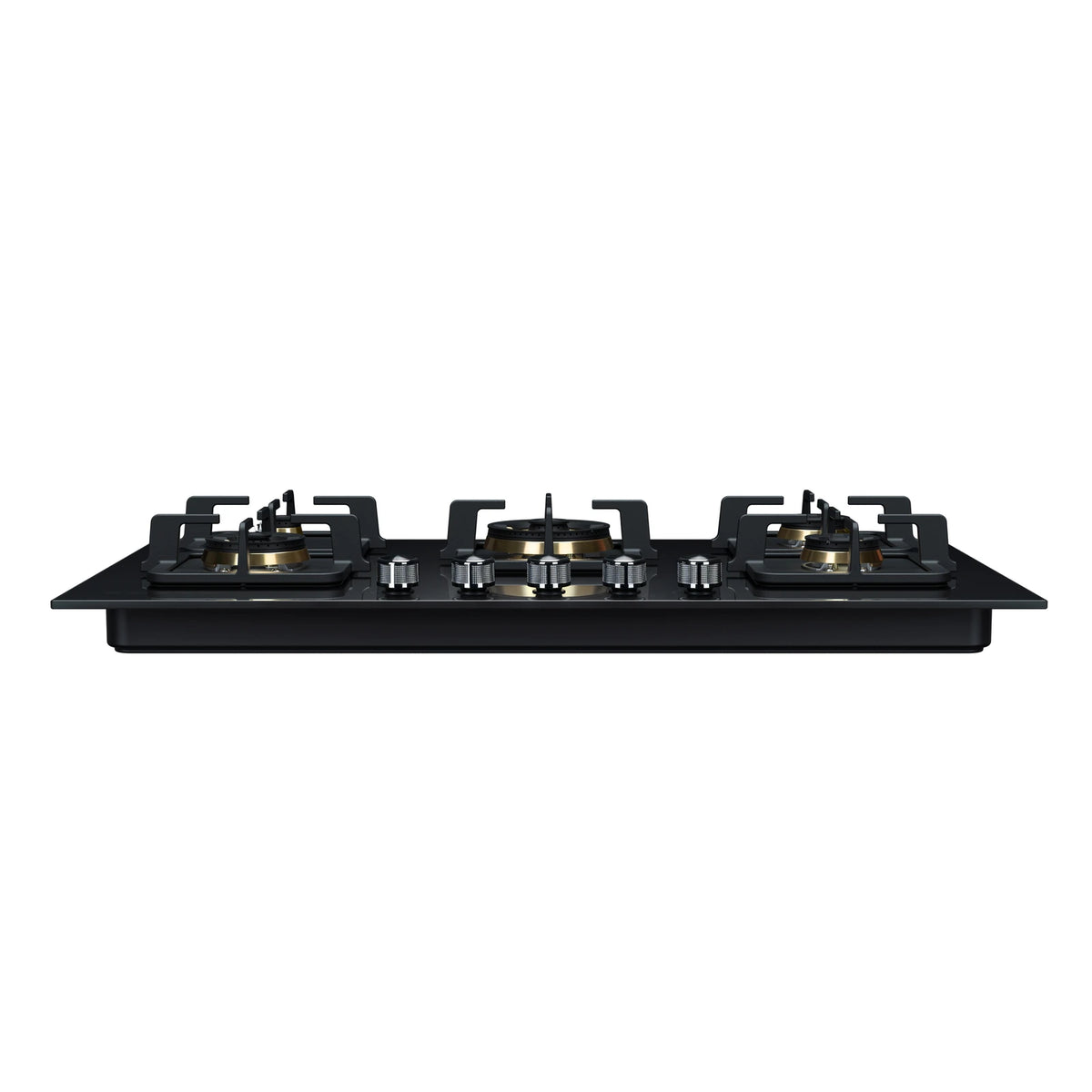 ROBAM BlackGold Gas B520 black glass gas cooktop, front view showing five brass burners and knurled metal control knobs
