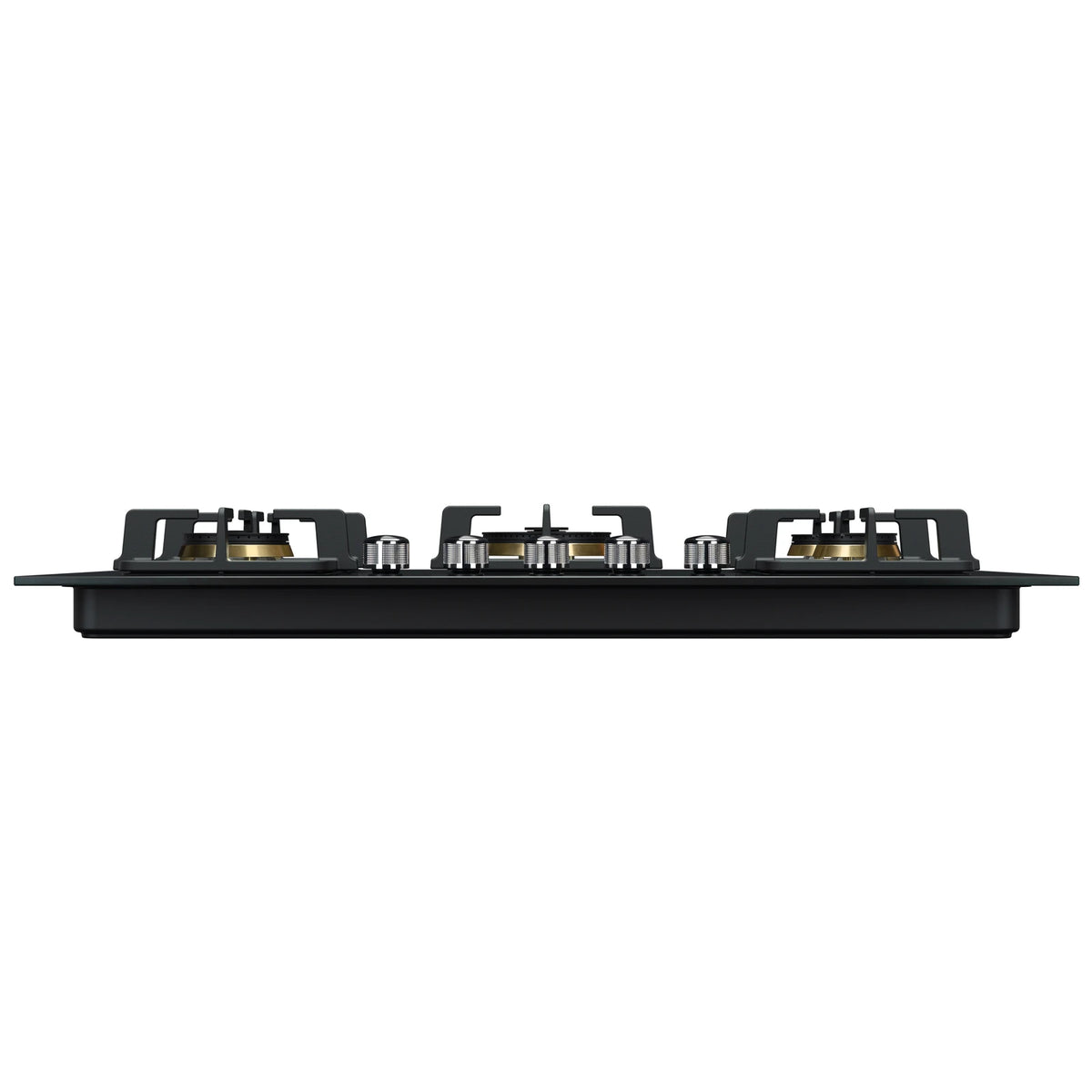 Side view of ROBAM BlackGold Gas B520 gas cooktop showing glass top, pan supports, knurled control knobs and black body