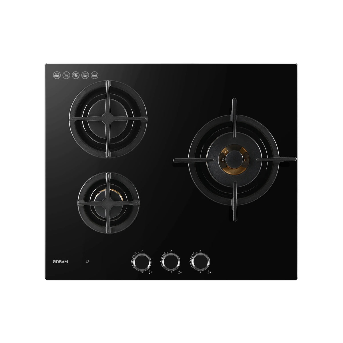 ROBAM BrassPro ZB61H70 black glass 3 burner gas cooktop with cast iron pan supports and chrome ring knobs, top view