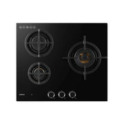 ROBAM BrassPro ZB61H70 black glass 3 burner gas cooktop with cast iron pan supports and chrome ring knobs, top view