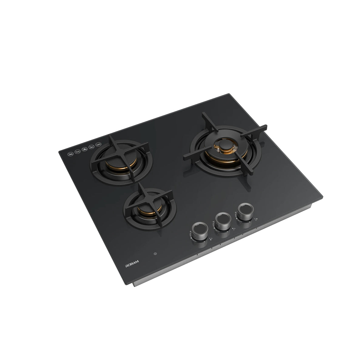 ROBAM BrassPro ZB61H70 black glass gas cooktop, angled view showing brass burners, pan supports and control knobs