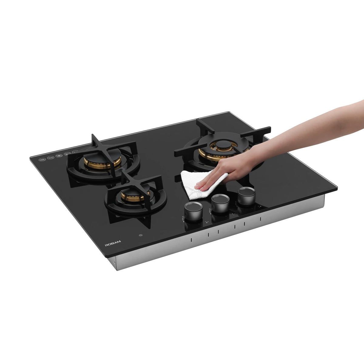 Hand wiping the black glass surface of the ROBAM BrassPro ZB61H70 gas cooktop with a cloth