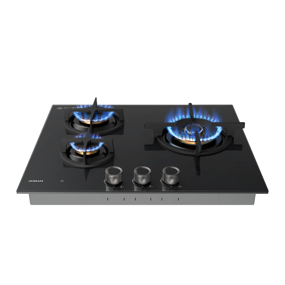 ROBAM BrassPro ZB61H70 black glass gas cooktop, front view with blue flames on three burners