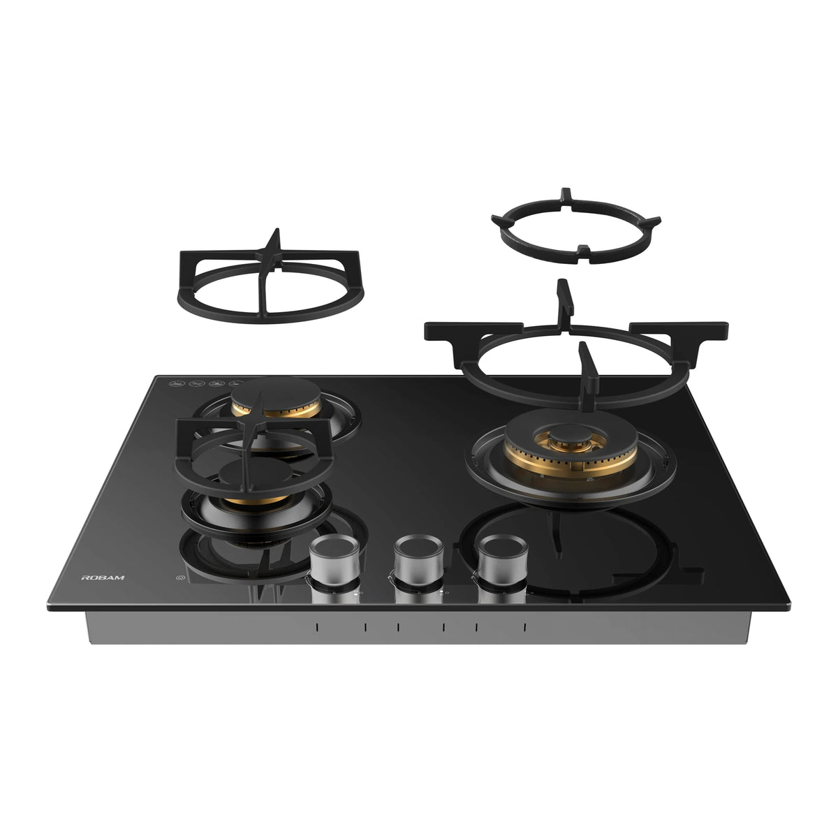 ROBAM BrassPro ZB61H70 gas cooktop with removable cast iron pan supports lifted off the burners