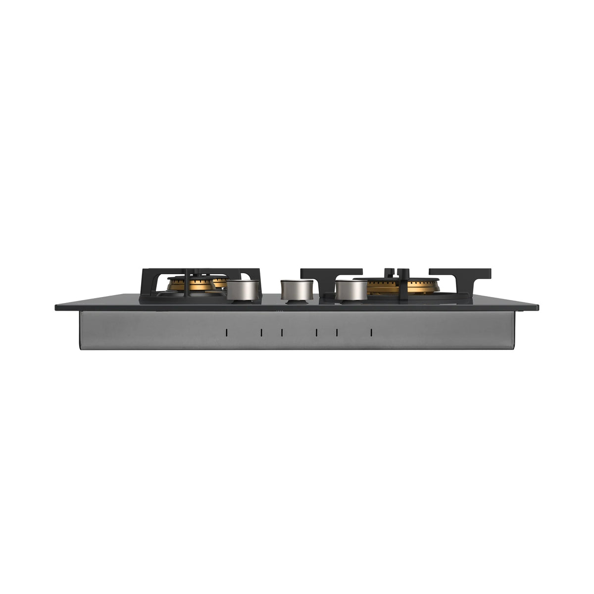 Side view of ROBAM BrassPro ZB61H70 gas cooktop showing glass top, brass burners, control knobs and metal body with vent slots