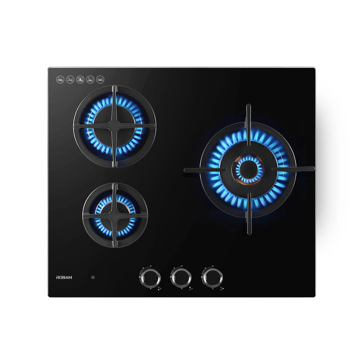 Top view of ROBAM BrassPro ZB61H70 black glass gas cooktop with all three burners lit with blue flames