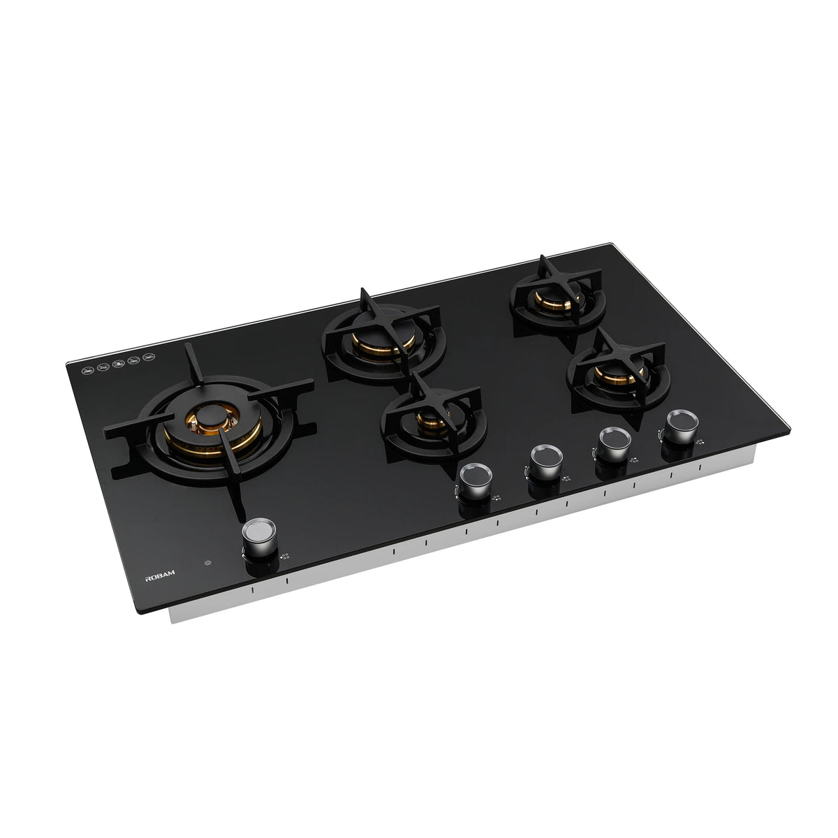 ROBAM BrassPro ZB91H71 black glass 5 burner gas cooktop, angled view showing brass burners, pan supports and control knobs