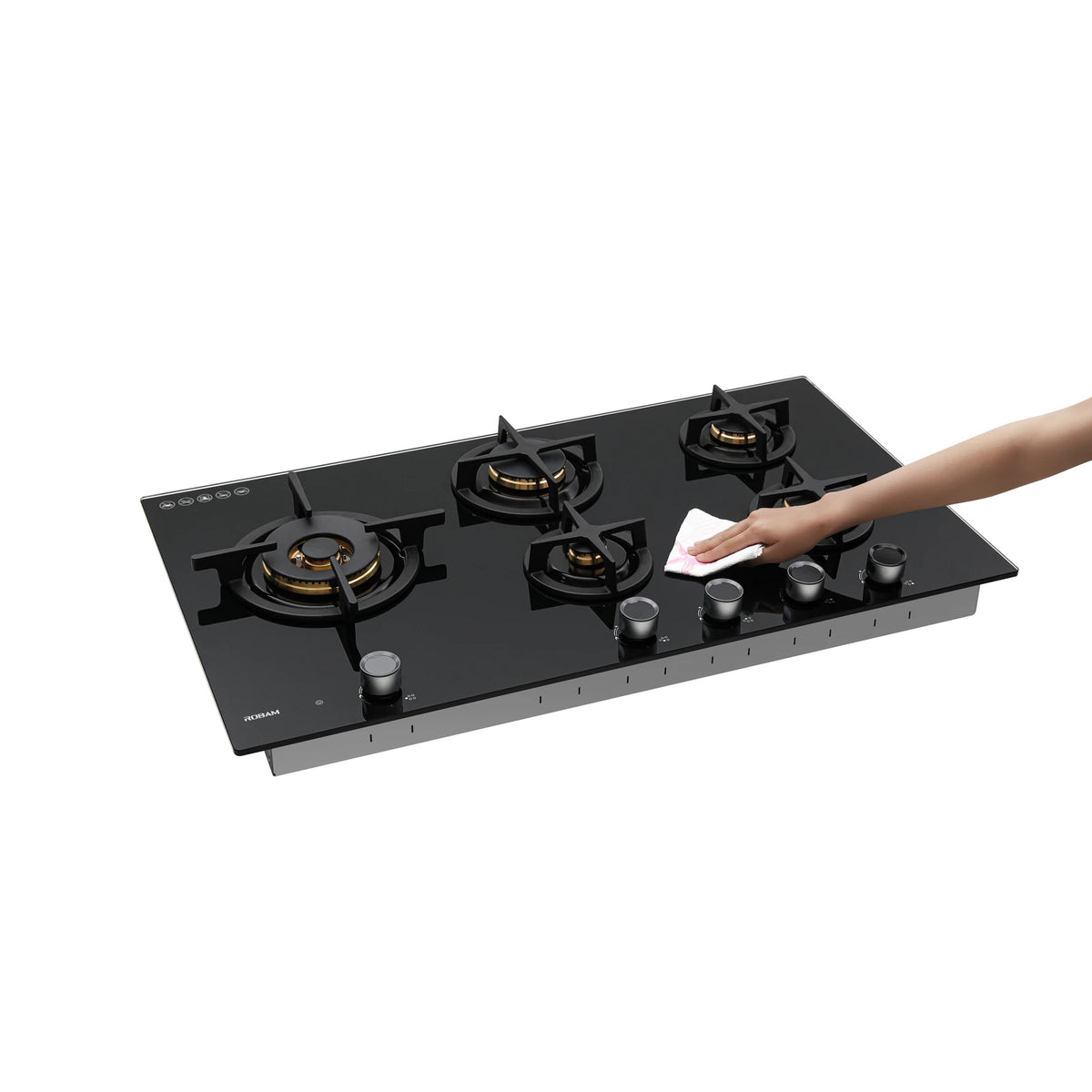 Hand wiping the black glass surface of the ROBAM BrassPro ZB91H71 gas cooktop with a cloth