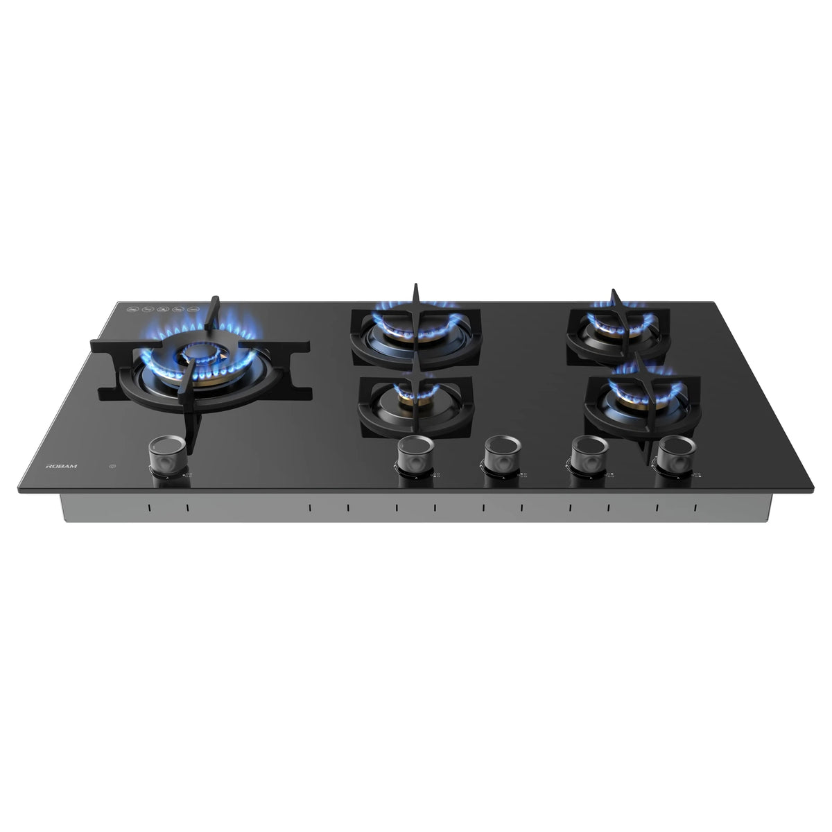 ROBAM BrassPro ZB91H71 black glass gas cooktop, front view with blue flames on five burners