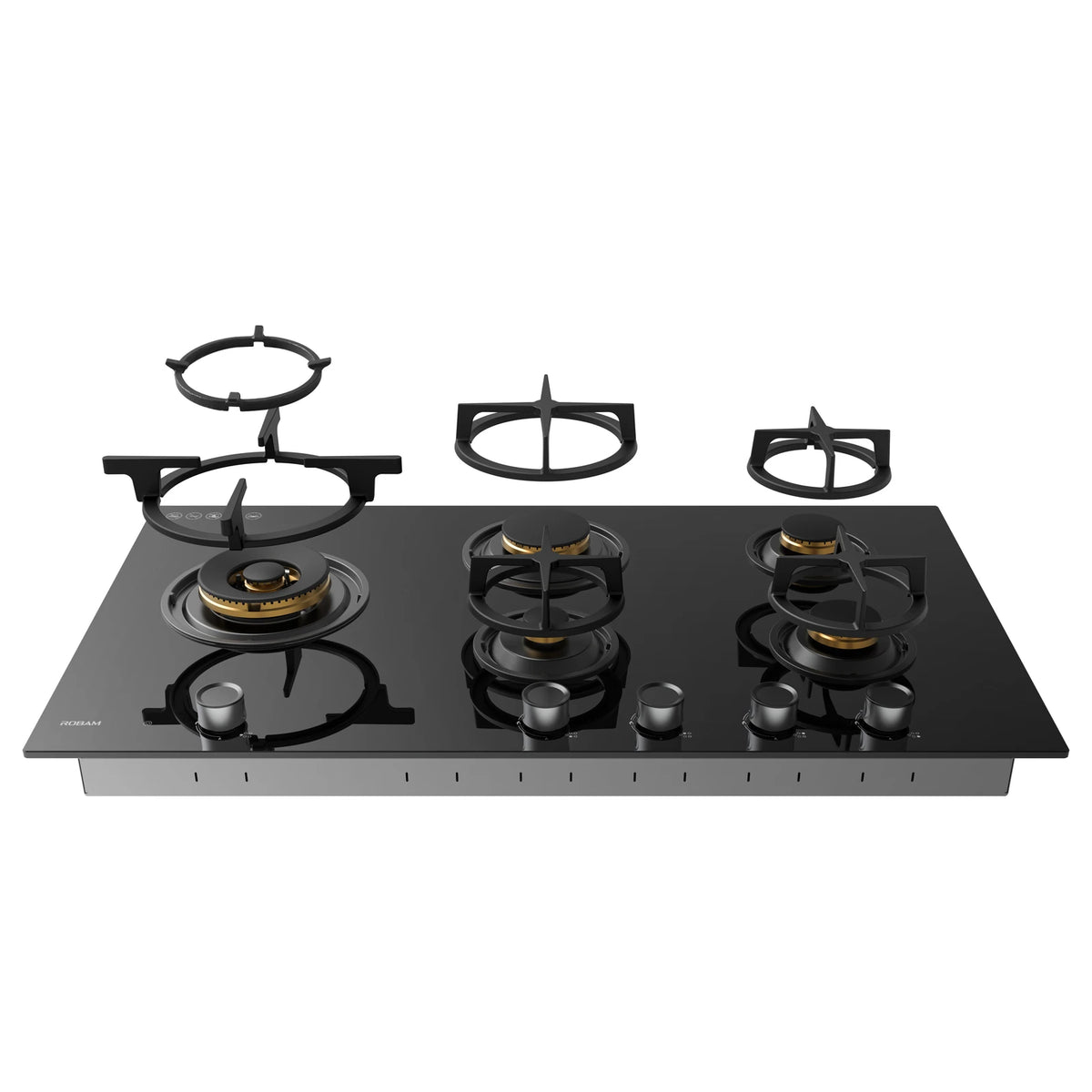 ROBAM BrassPro ZB91H71 gas cooktop with removable cast iron pan supports lifted off the five burners
