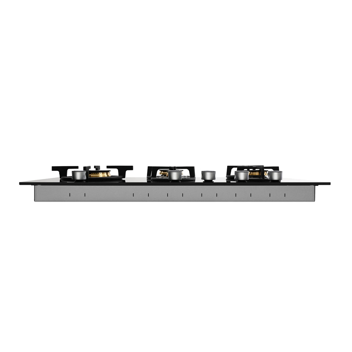 Side view of ROBAM BrassPro ZB91H71 gas cooktop showing glass top, brass burners, control knobs and metal body with vent slots