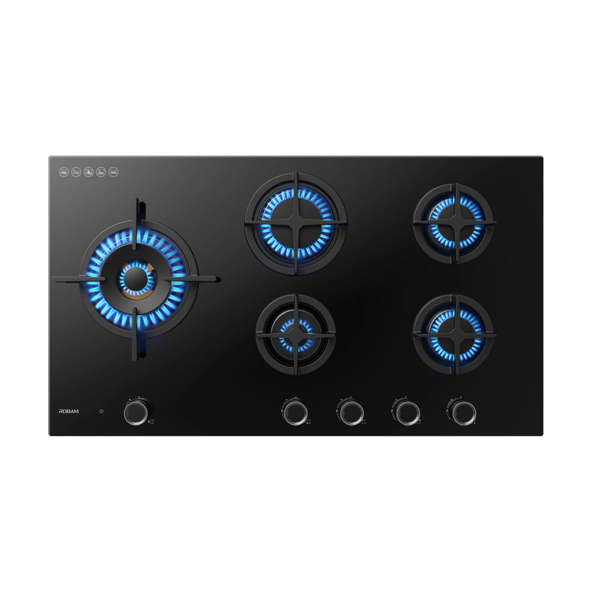 Top view of ROBAM BrassPro ZB91H71 black glass gas cooktop with all five burners lit with blue flames