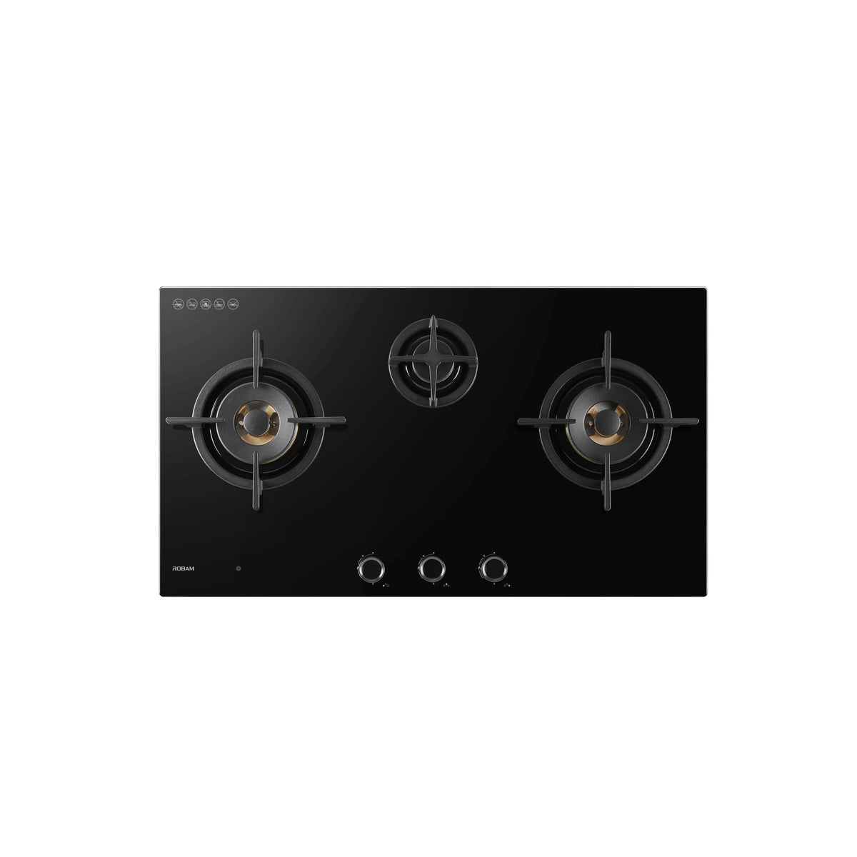 ROBAM BrassPro ZB91H72 black glass 3 burner gas cooktop with cast iron pan supports and chrome ring knobs, top view