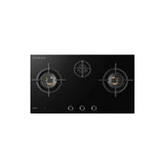 ROBAM BrassPro ZB91H72 black glass 3 burner gas cooktop with cast iron pan supports and chrome ring knobs, top view