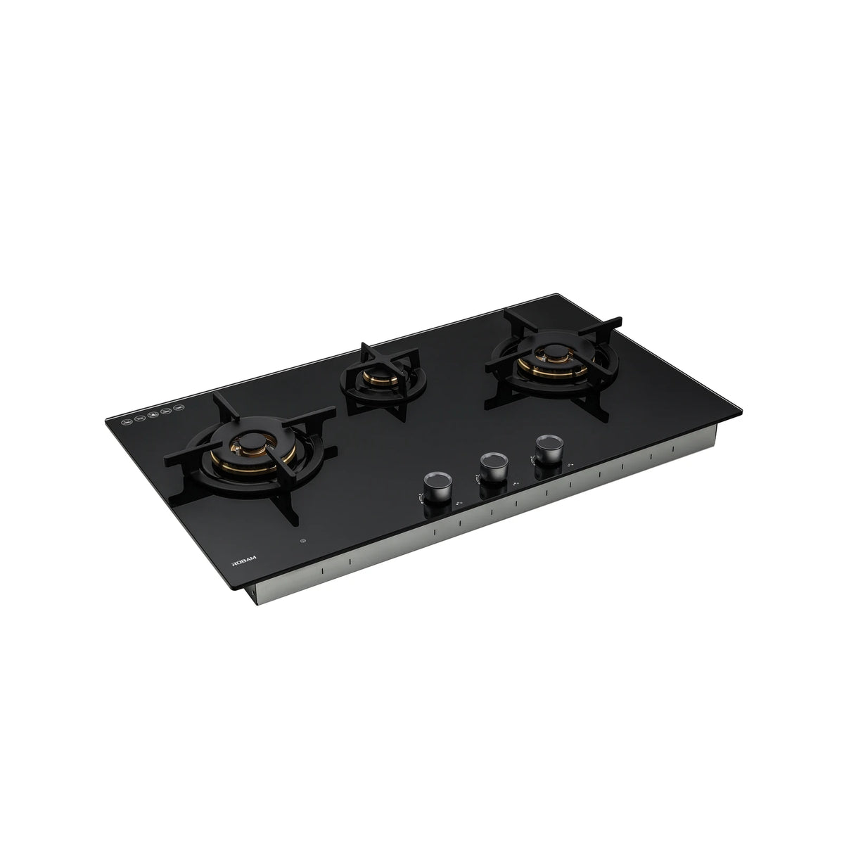 ROBAM BrassPro ZB91H72 black glass 3 burner gas cooktop, angled view showing brass burners, pan supports and control knobs
