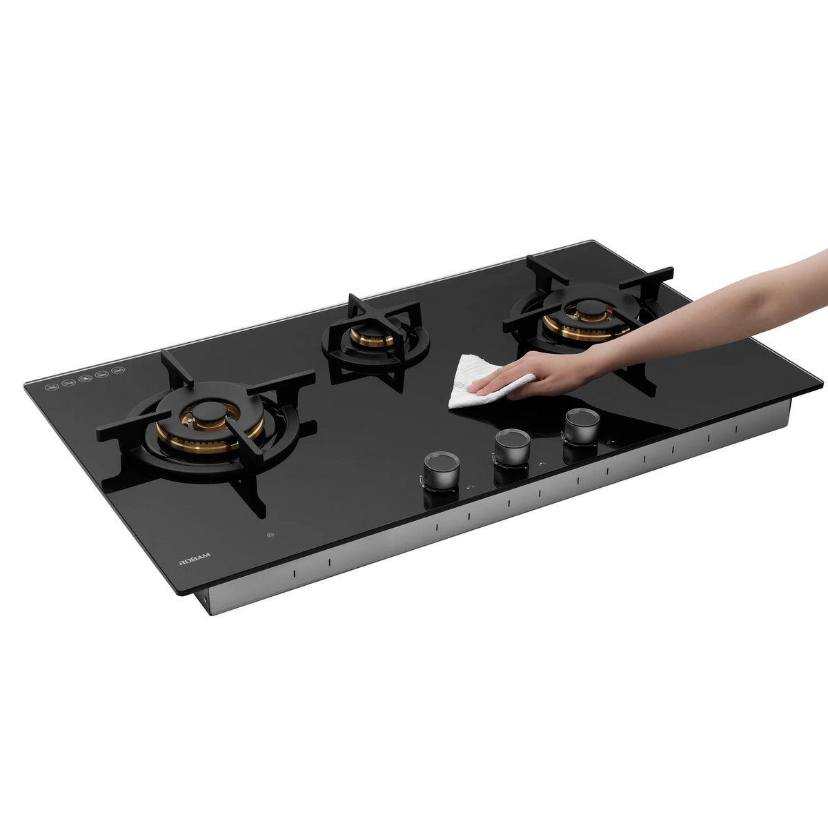 Hand wiping the black glass surface of the ROBAM BrassPro ZB91H72 gas cooktop with a cloth