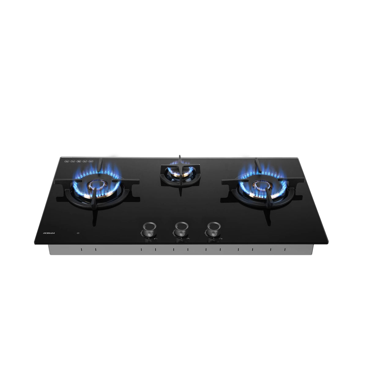 ROBAM BrassPro ZB91H72 black glass gas cooktop, front view with blue flames on three burners