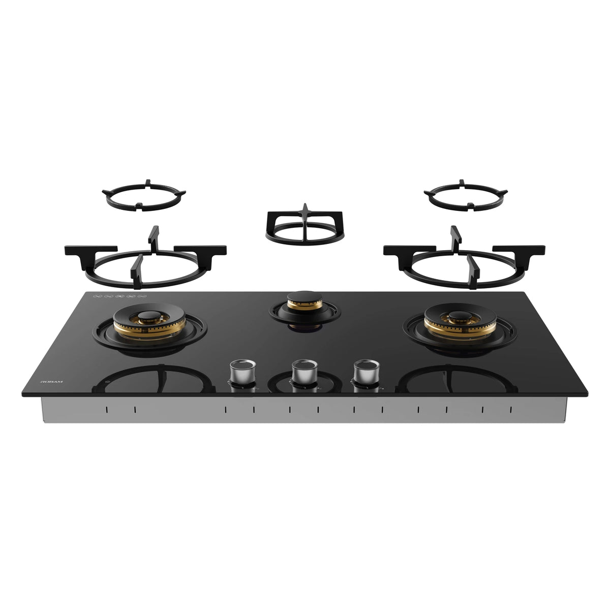 ROBAM BrassPro ZB91H72 gas cooktop with removable cast iron pan supports lifted off the three burners