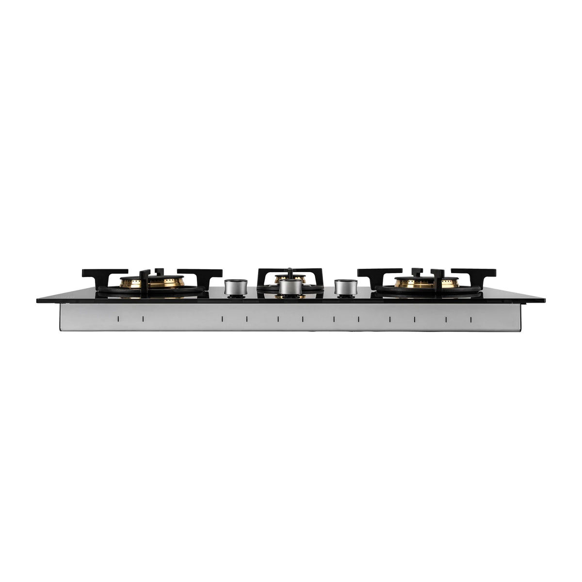 Side view of ROBAM BrassPro ZB91H72 gas cooktop showing glass top, brass burners, control knobs and metal body with vent slots